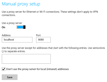 &lsquo;Manual proxy setup&rsquo; windows settings.